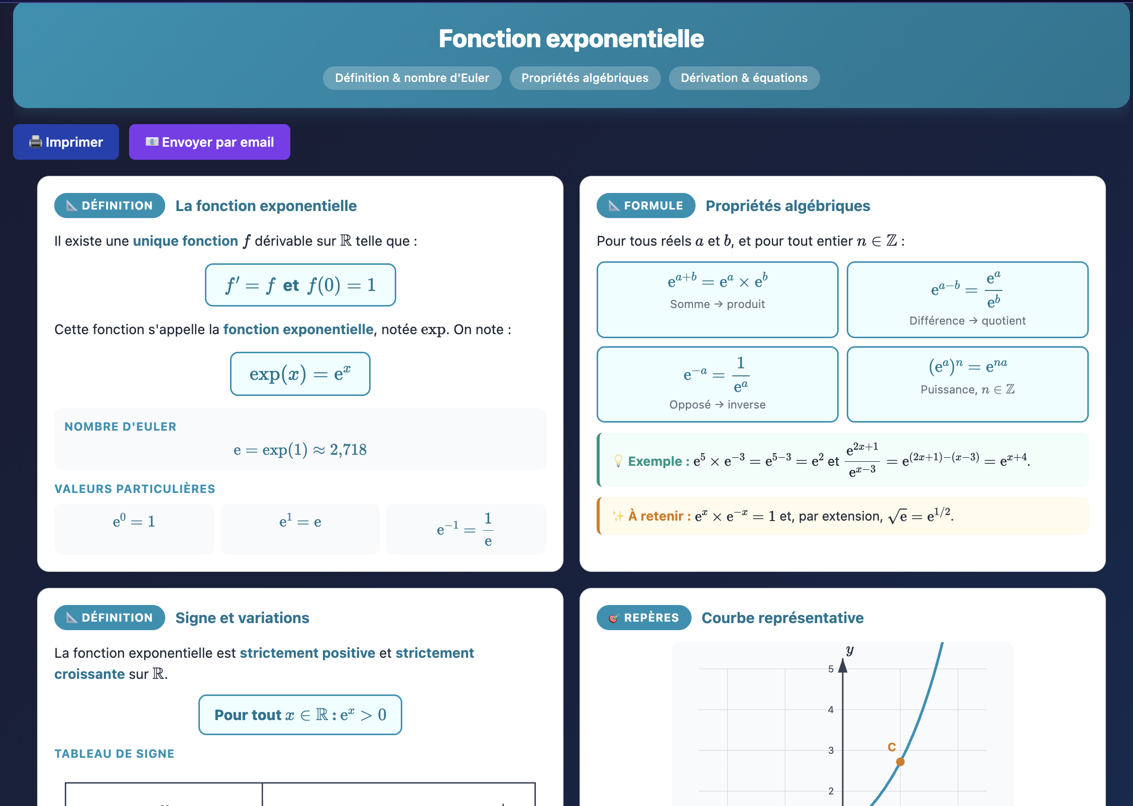 Fiche de cours OmegaMaths : la fonction exponentielle en spé maths Terminale. Définition encadrée, nombre d'Euler, valeurs particulières, propriétés algébriques avec formules en boîtes cyan, exemple résolu, encadré à retenir, signe et variations, courbe représentative.