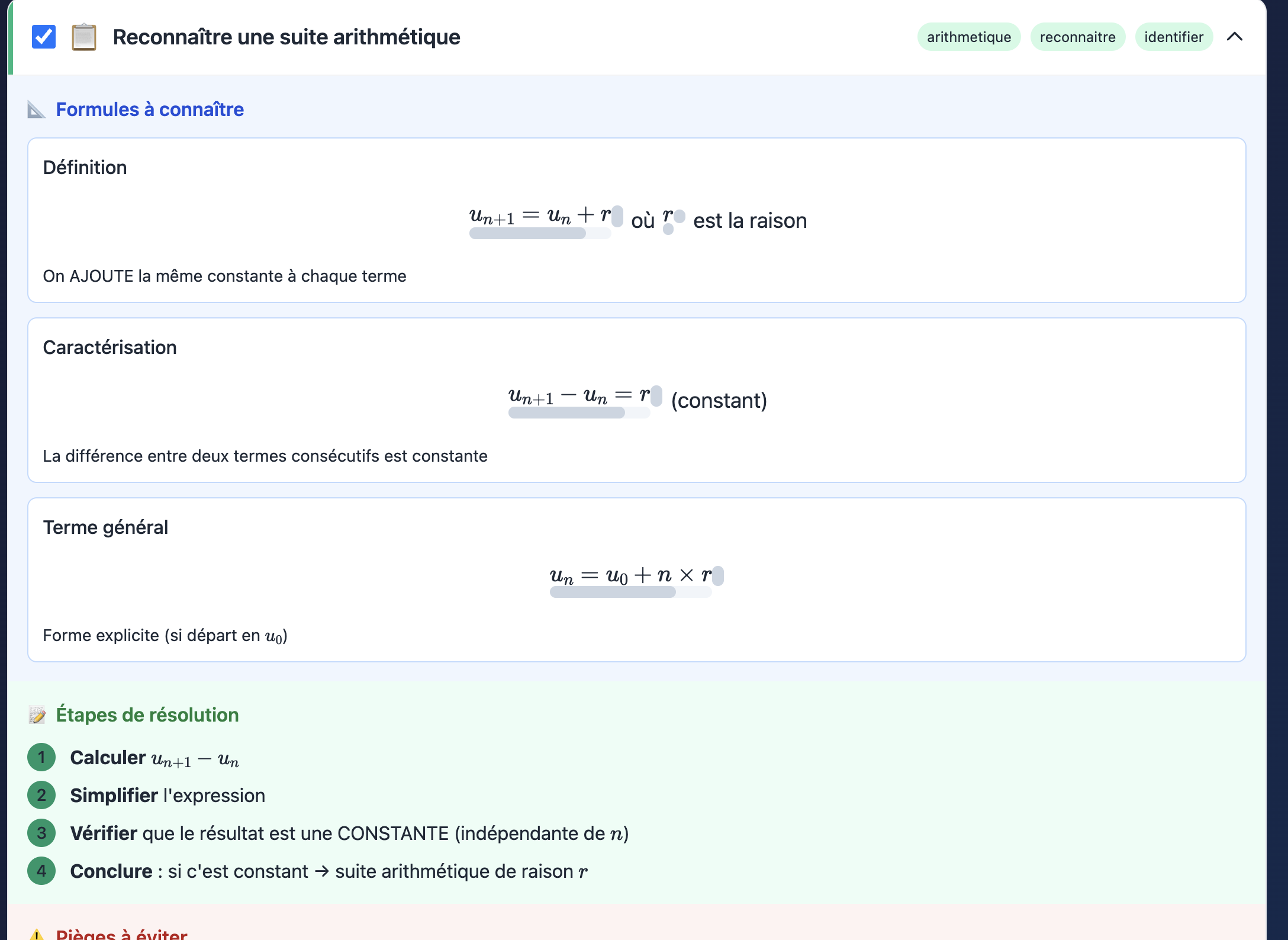 Méthode pas à pas : Reconnaître une suite arithmétique. Trois encadrés Formules à connaître (Définition, Caractérisation, Terme général) suivis des Étapes de résolution numérotées de 1 à 4.